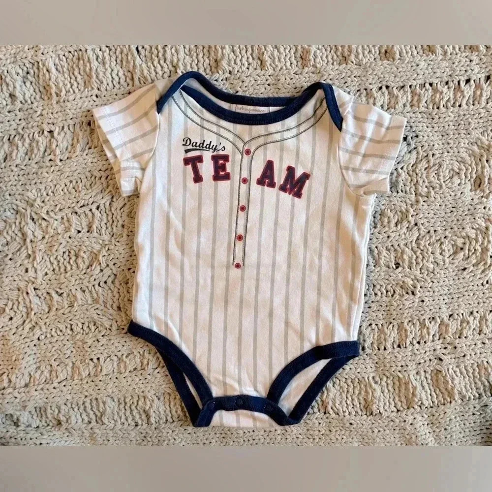 First Impressions 6-9 months white pinstripe short sleeve baseball onesie